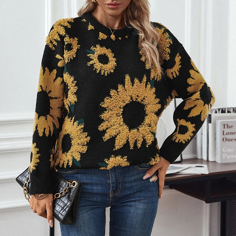 Sunflower 3D Jacquard Weave Women's Sweaters Long Sleeve Ladies Pullovers Knitted Tops High Quality Christmas Sweater