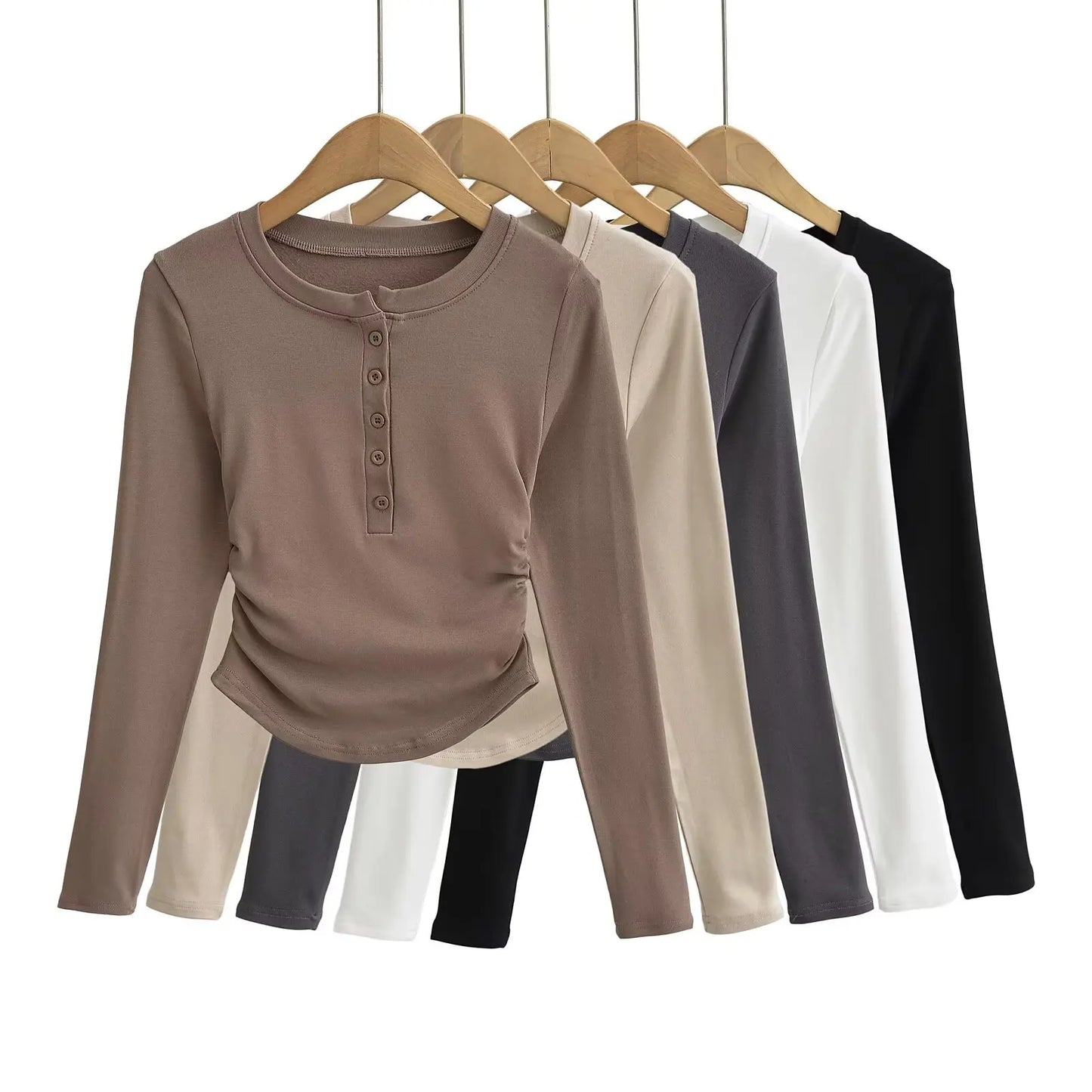 Women 2024 Summer New Fashion Fleece-lined Button Base Long Sleeve Top Retro Casual Chic Female Tee Shirt Tops Mujer