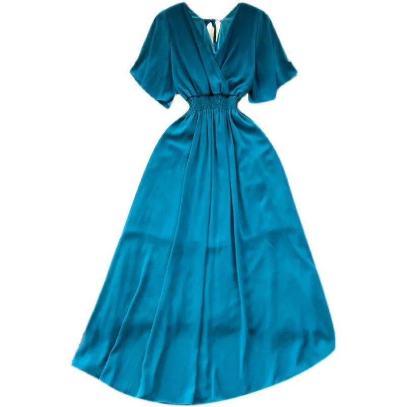 Chiffon Dress New Women's Graceful Collar Elastic Waist-Tightening Slimming Long Seaside Vacation Beach Premium Casual Dress