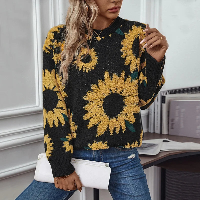 Sunflower 3D Jacquard Weave Women's Sweaters Long Sleeve Ladies Pullovers Knitted Tops High Quality Christmas Sweater