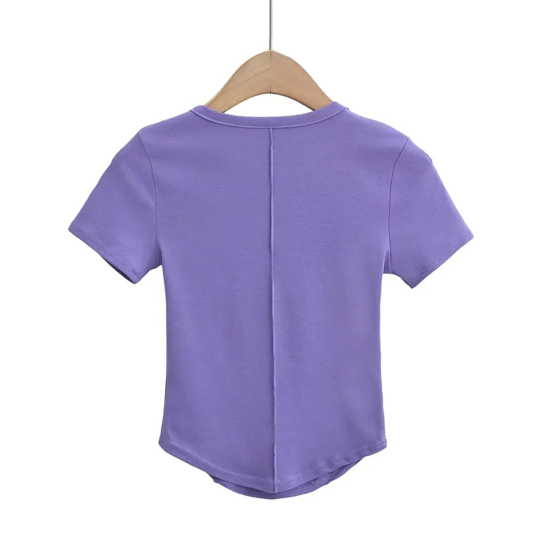 Women 2024 Summer New Fashion Buckle Pocket Short Sleeve T-Shirt Vintage Casual Chic Female Tee Shirt Tops Mujer