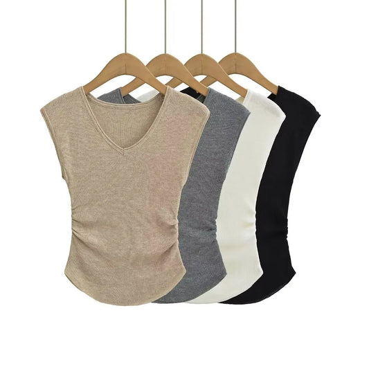 Women 2024 Summer New Fashion V-neck Knitted Waist T-shirt Vintage Casual Chic Female Tee Shirt Tops Mujer