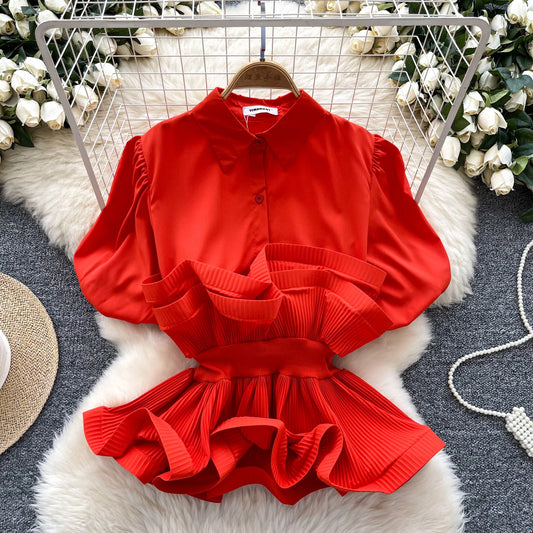 Autumn Short Sleeve Polo Collar Casual Blouses Women Puff Sleeve Ruffles Shirts Ladies Elegant Tops Clothes Women Wholesale