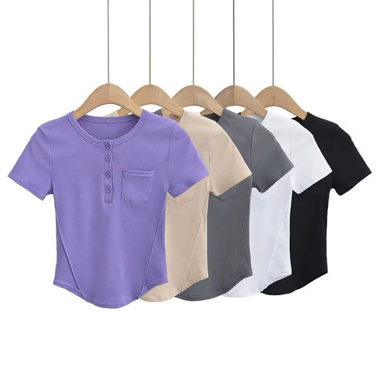 Women 2024 Summer New Fashion Buckle Pocket Short Sleeve T-Shirt Vintage Casual Chic Female Tee Shirt Tops Mujer