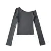 Women 2024 Summer New Fashion Asymmetric Shoulder Long Sleeve Base Shirt Vintage Casual Chic Female Tee Shirt Tops Mujer