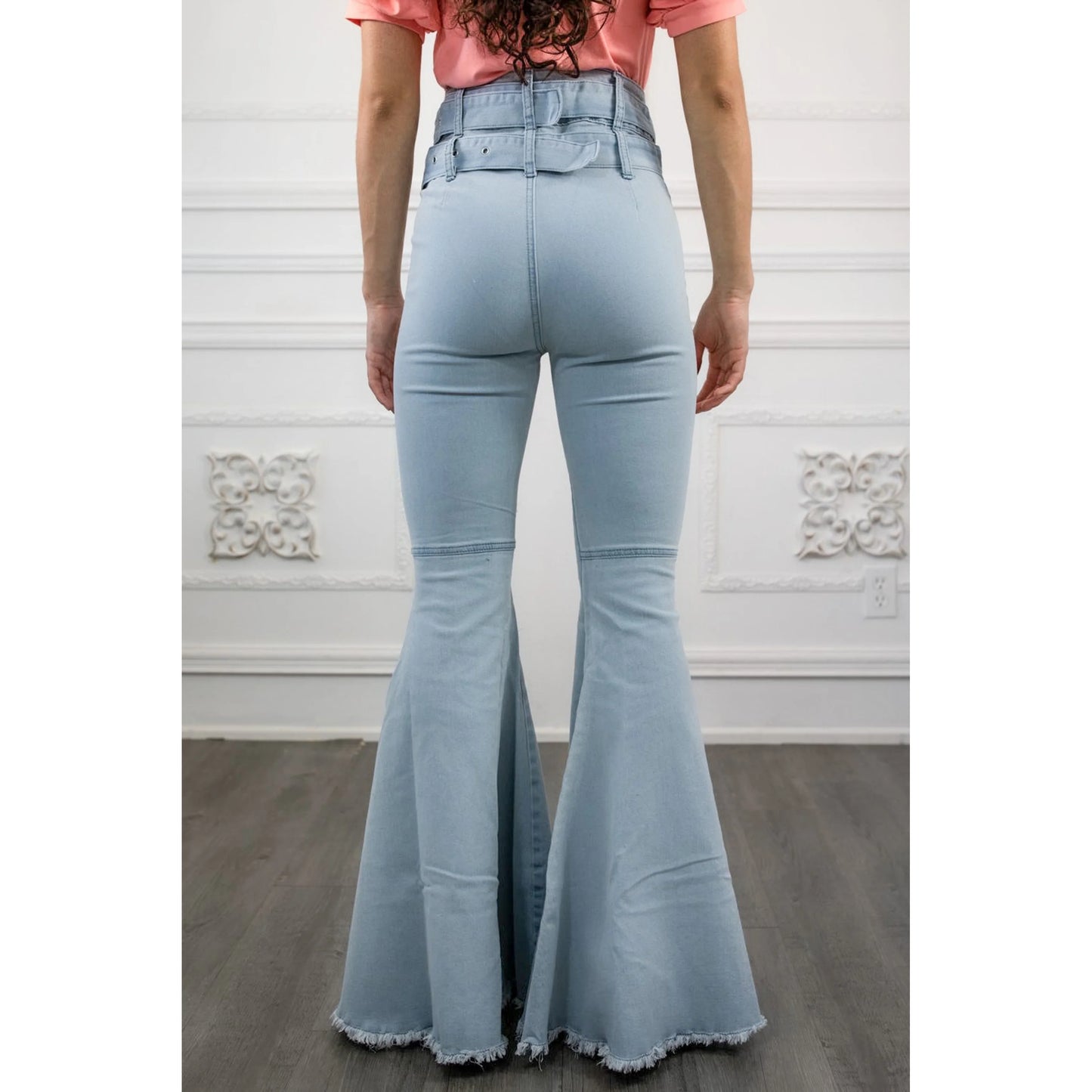 TD Buckle Ladies Straight Jeans High Street Style Bell Bottoms Dual Belt Details Breathable Skinny Denim Pants Elastic Waist