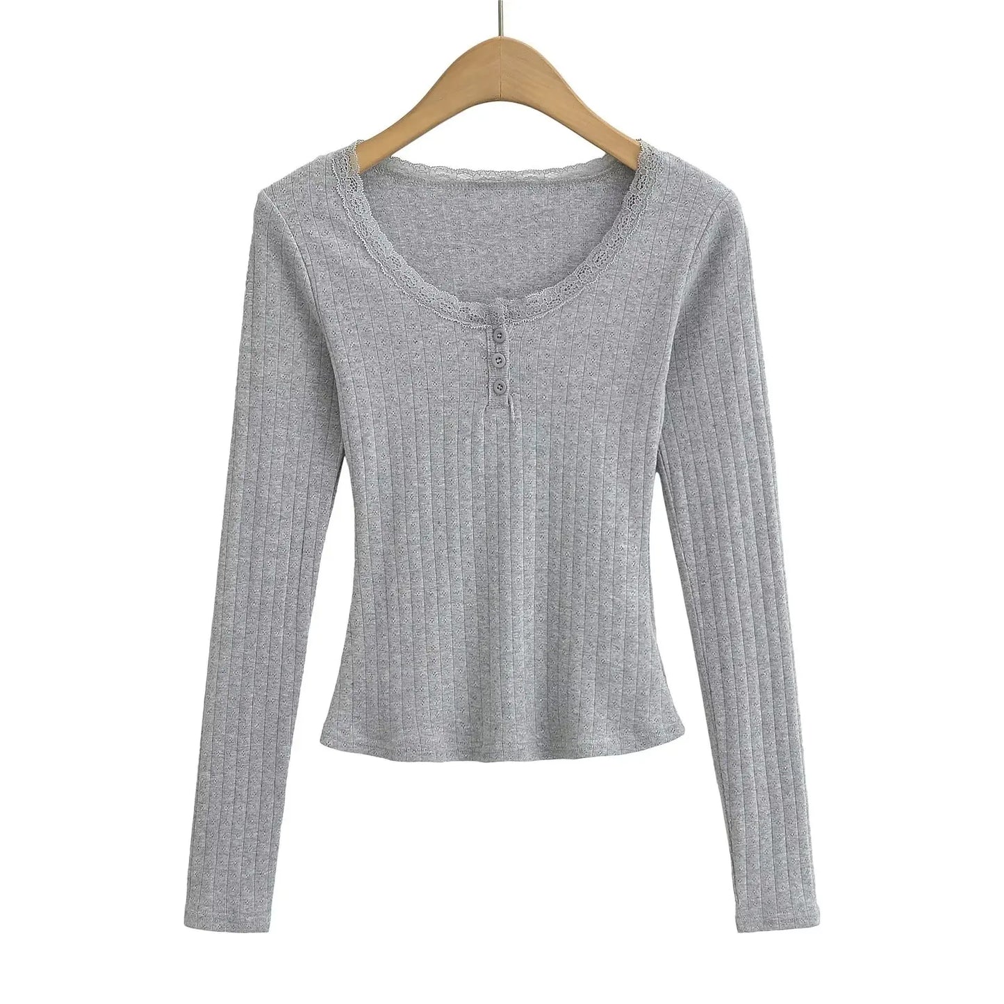 Women 2024 Summer New Fashion Lace U Neck Long Sleeve T-Shirt Vintage Casual Chic Female Tee Shirt Tops Mujer