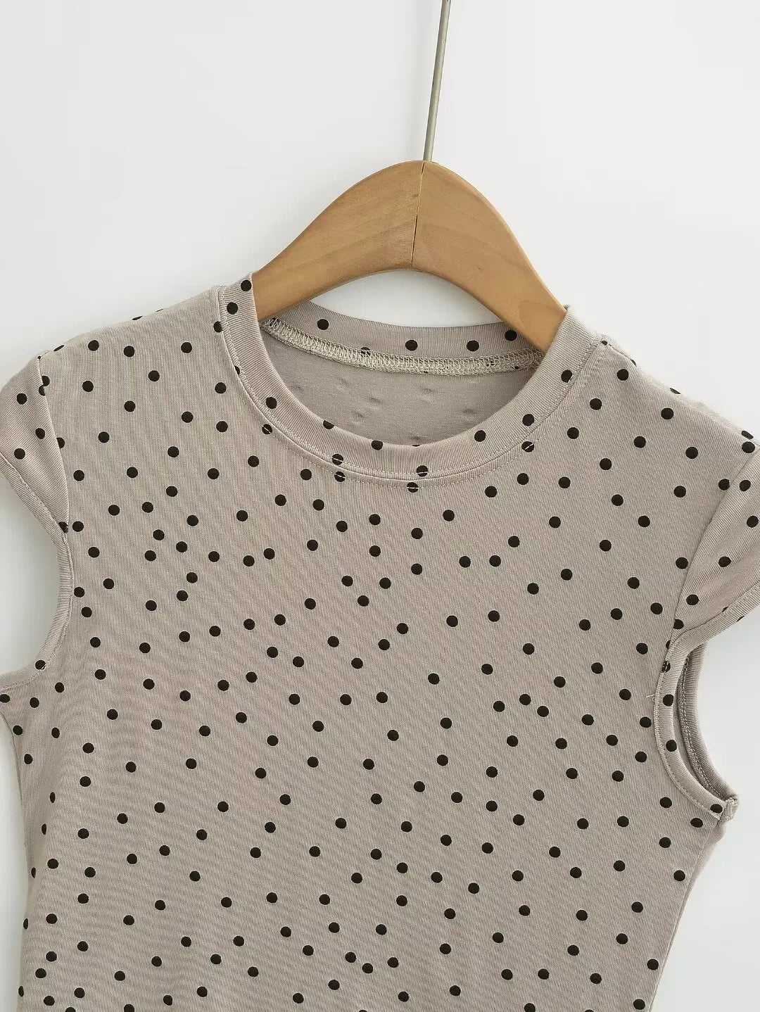 Women 2024 Summer New Fashion Polka Dot Crewneck Shoulder T-Shirt Retro Casual Chic Female Tee Shirt Tops Mujer