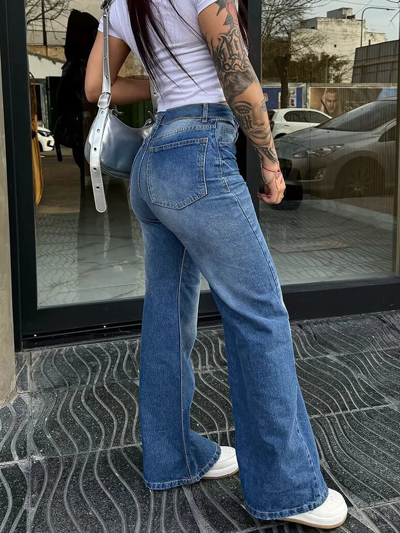 Free Shipping to USA- High Quality Vintage Women's Straight Denim Pants High Waist Wide Leg Long Jeans Stretchy Solid Pattern