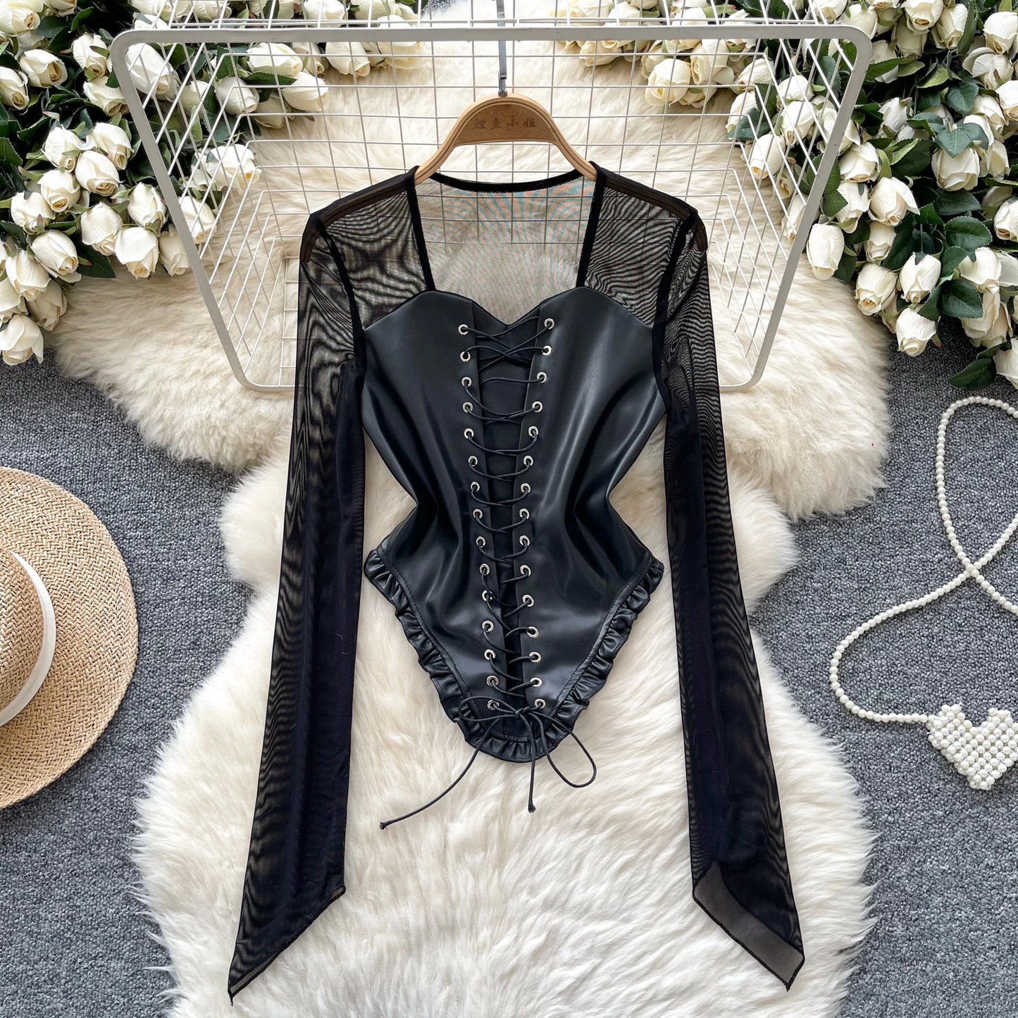 Autumn Full Sleeve Square Collar Casual PU Blouses Women Patchwork Shirts Ladies Y2k Tops Clothes Women Wholesale