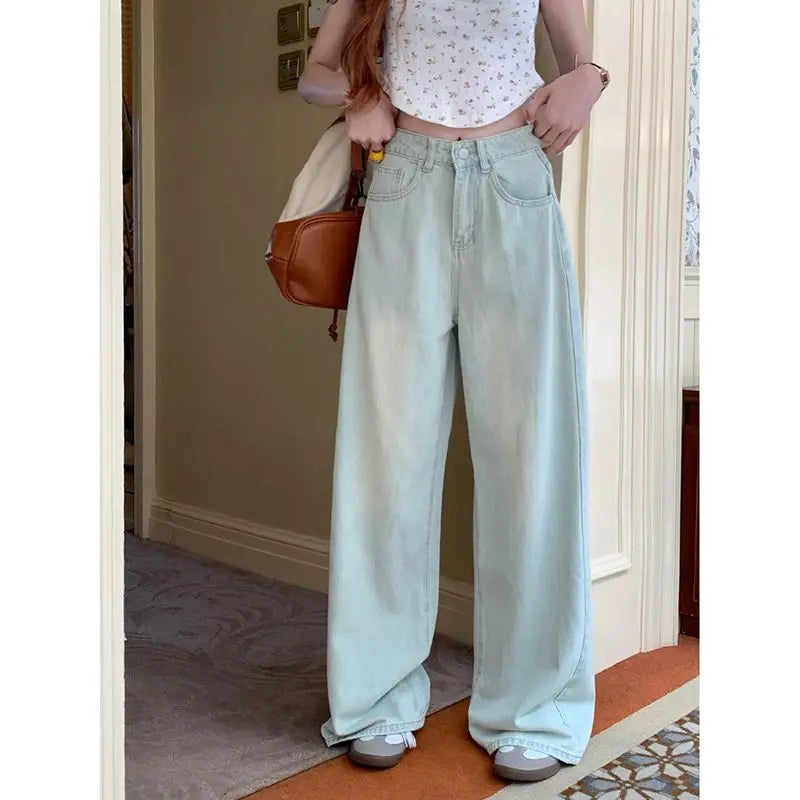 Long Jeans Women New Summer Vintage Bleached Design Loose Wide-leg Trousers Ulzzang Street Style Basic College Harajuku Popular