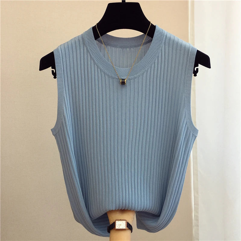 zjais Summer Spring Tanks Top Women Sleeveless Knitted T-Shirts Female Elastic Slim Casual Vests Crop Tops Camis Pullover Shirts