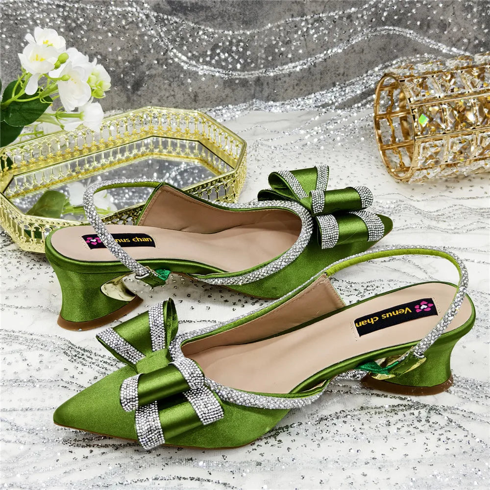Med Heel Shoes for Women Hollowed Out Embroidery Rhinestone Italian Design Olive-green Color Pointed-Toe Shoes and Bags Set