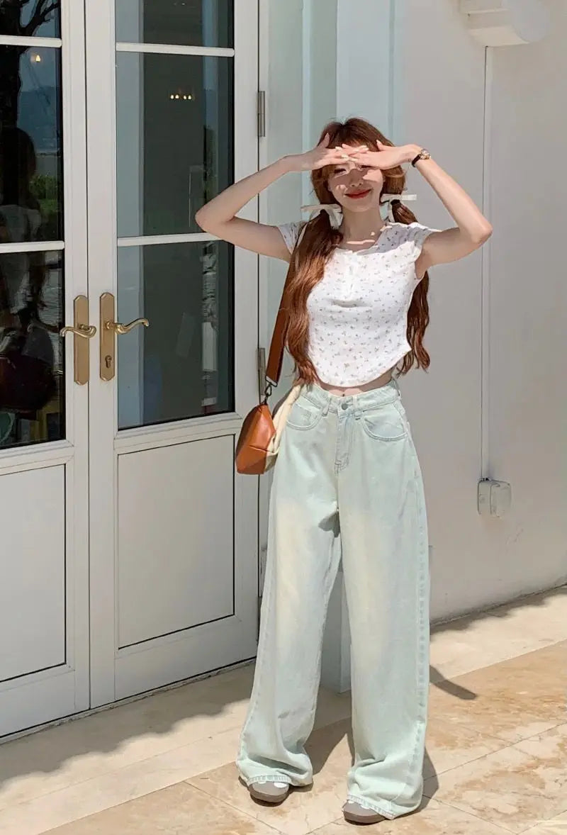 Long Jeans Women New Summer Vintage Bleached Design Loose Wide-leg Trousers Ulzzang Street Style Basic College Harajuku Popular