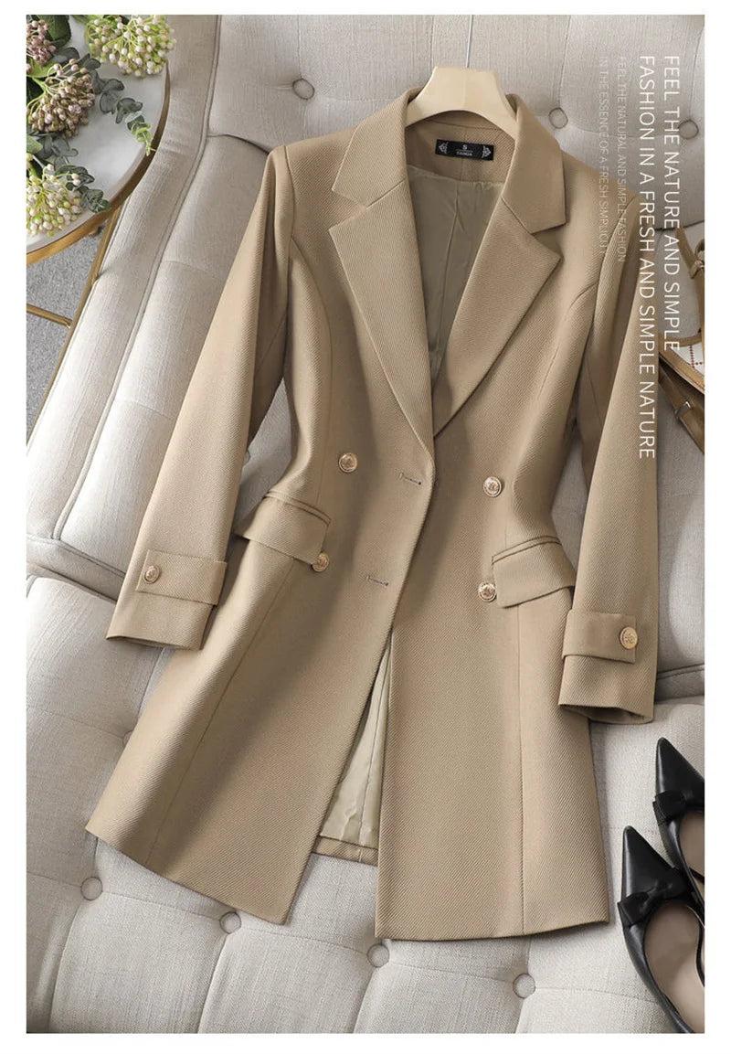 Autumn Winter Jacket Women Long Blazer Khaki Coffee Black Office Ladies Formal Jacket Business Work Wear Coat Female Outerwear