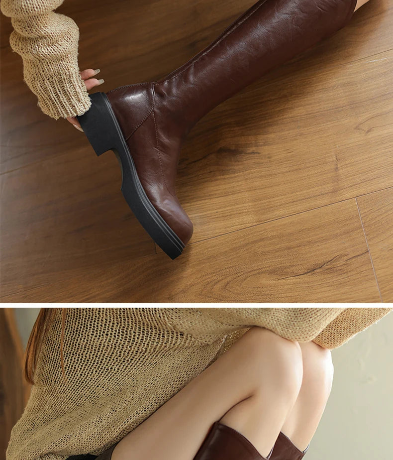 Ods  Footwear Elegant Heeled Shoes for Women Brown Ladies Boots Platform Winter Knee High Shaft Heels Long Boot Lady 40 41 42 43