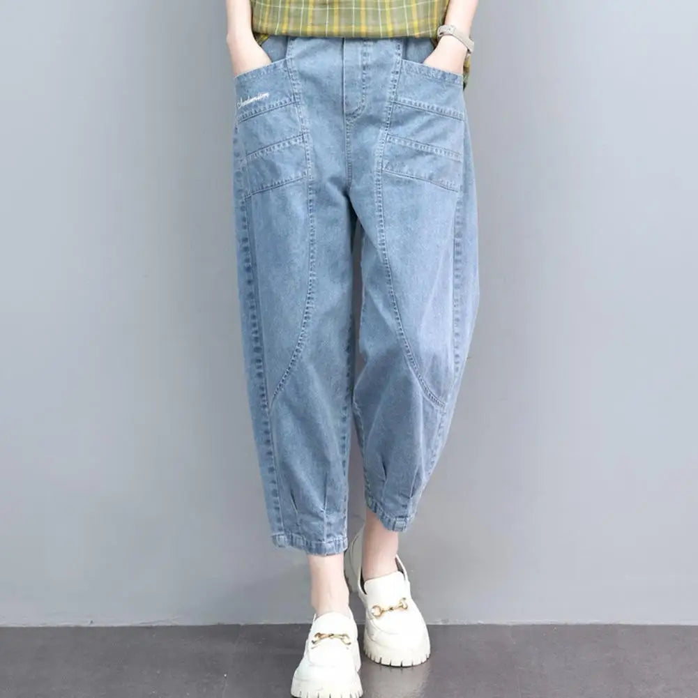 Women Summer Casual Jeans Mid-Rise Pockets Wide Leg Embroidery Letter Print Cropped Pants Woman Mid-calf Sports Harem Jeans