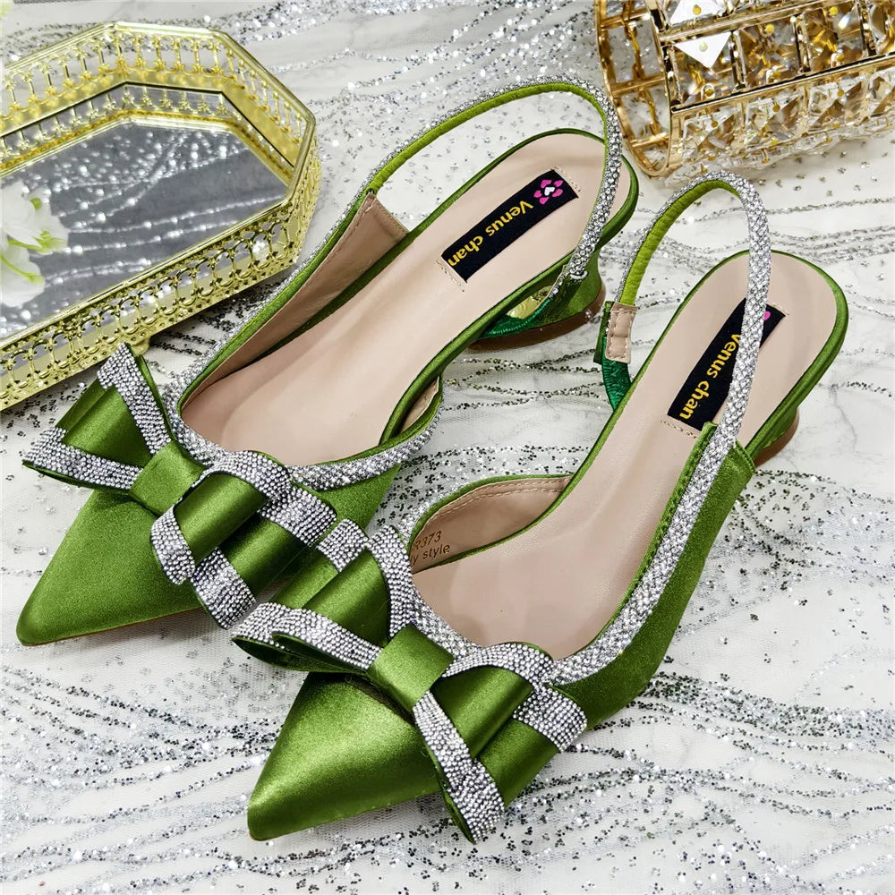 Med Heel Shoes for Women Hollowed Out Embroidery Rhinestone Italian Design Olive-green Color Pointed-Toe Shoes and Bags Set