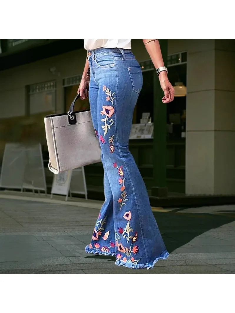 Elastic Embroidered Elegant Temperament Flared Jeans.Women's Four Seasons New Fashion Comfortable Slim-fit Mid-waist Jeans Women
