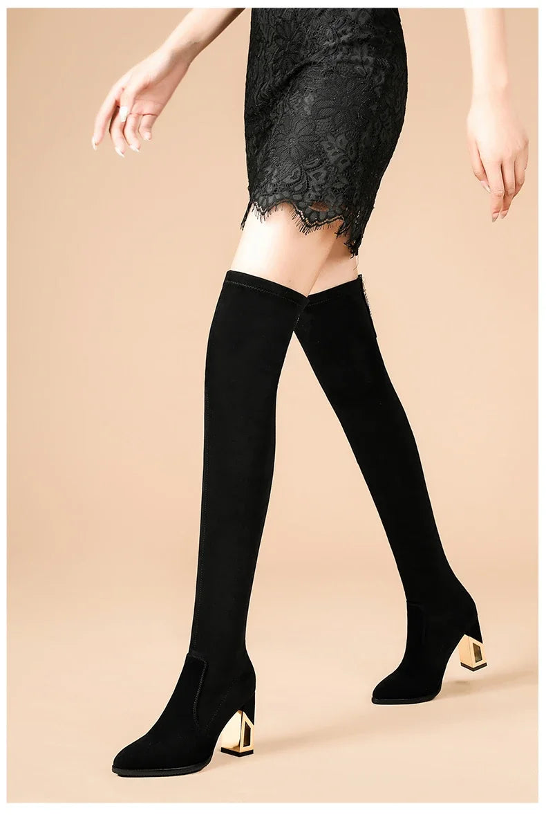 2025 Fashion Shoes for Women Zipper Women's Boots Winter Pointed Toe Suede Solid High Leg Over Knee Chunky Heels Socks Boots