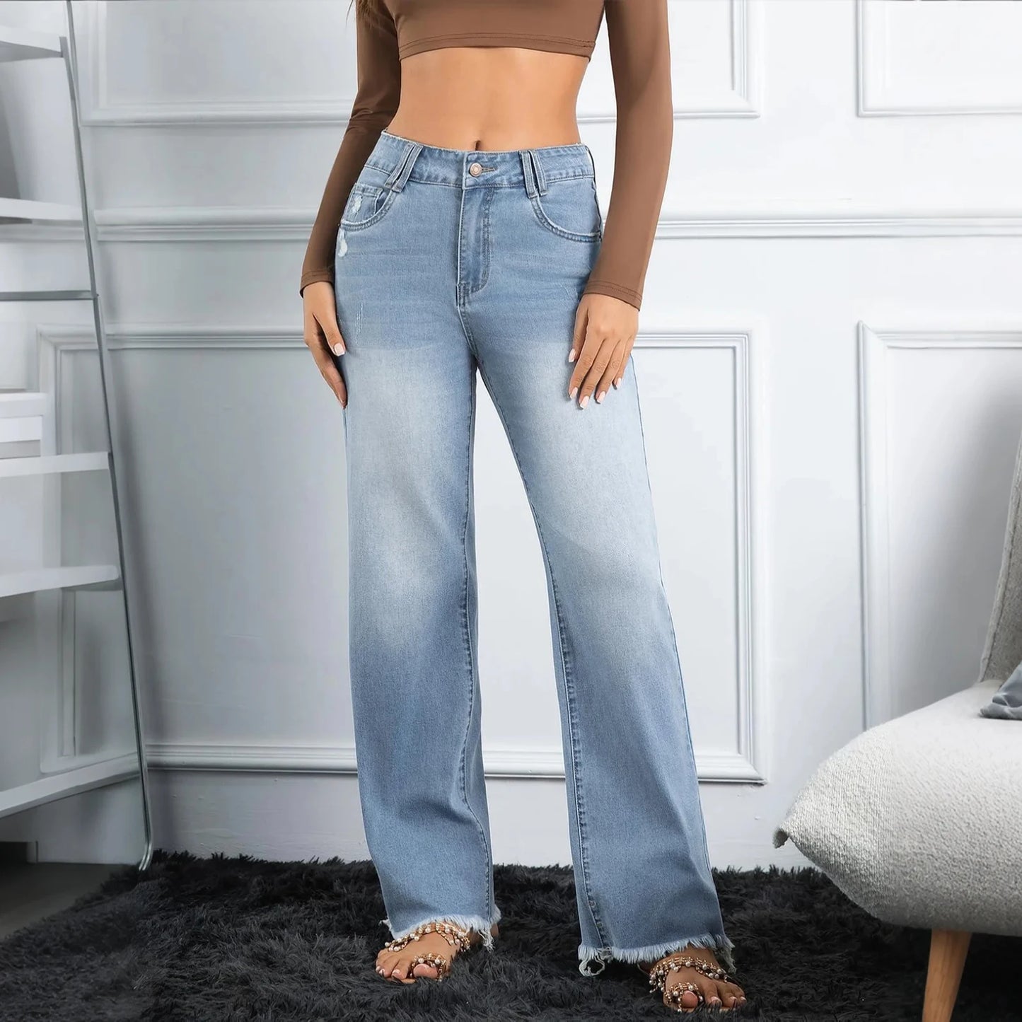 Women Vintage High Waist Straight Leg Jeans Classic Retro Denim Pants Comfortable Stretch Casual Trousers for Daily Wear