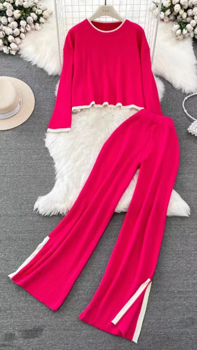 Autumn Winter 2 Pieces Women's Oufit Sets Knitted Tracksuit O-Neck Sweater and Wide Leg Jogging Pants Female Suits