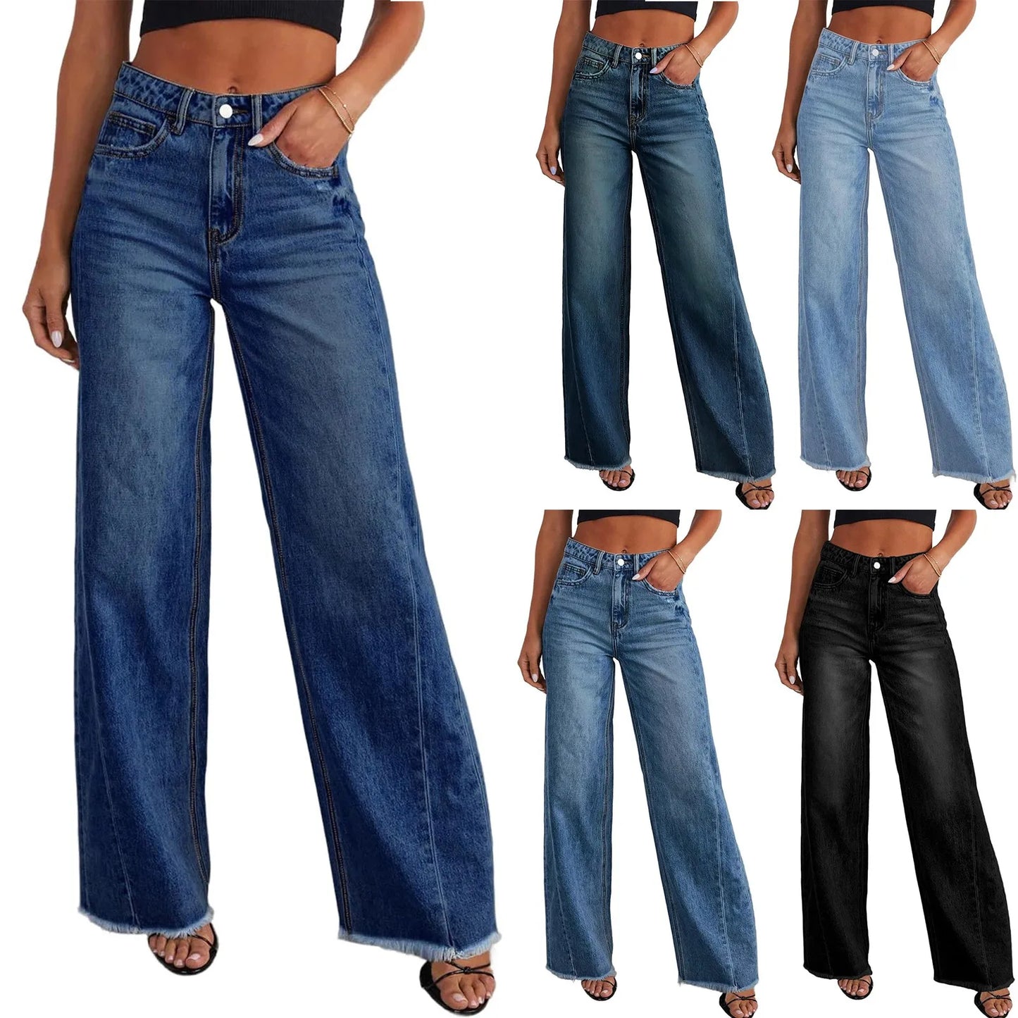 Wide-Leg Jeans Women Light Blue Raw-Edge High-Waist Design Fashionable Trousers Loose-Fitting Slim-Fitting Pants Daily Commuting
