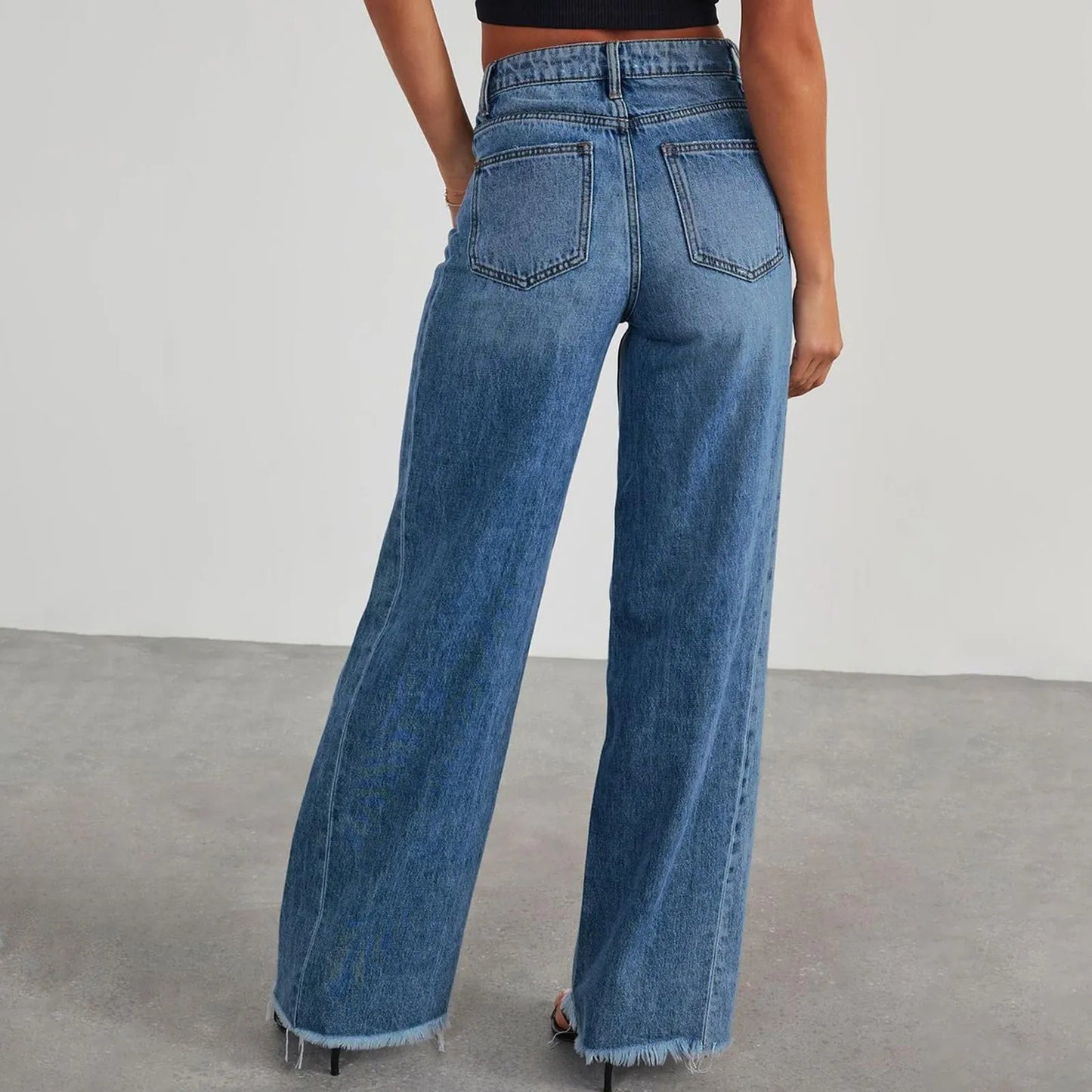 Wide-Leg Jeans Women Light Blue Raw-Edge High-Waist Design Fashionable Trousers Loose-Fitting Slim-Fitting Pants Daily Commuting