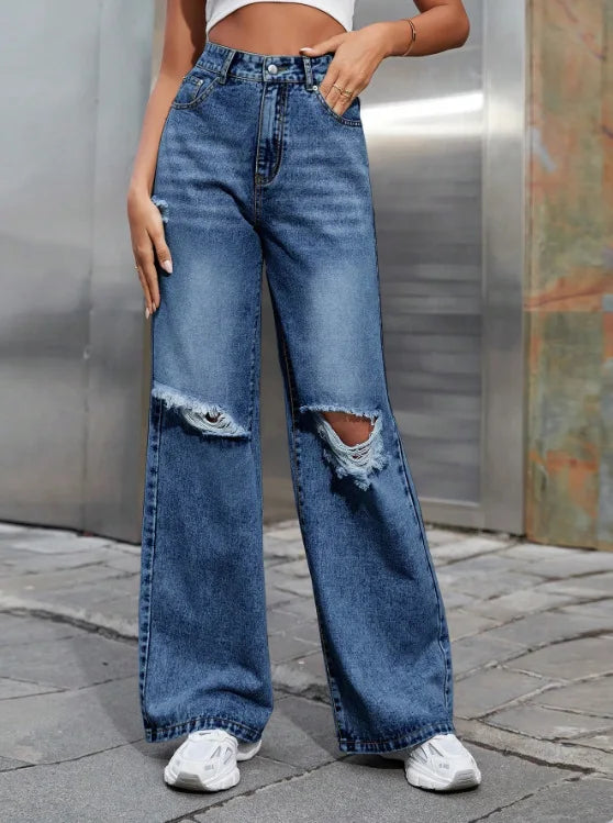 2025 Autumn New Women's Fashion Ripped High Waist Wide Leg Casual Jeans Boyfriend Jeans for Women