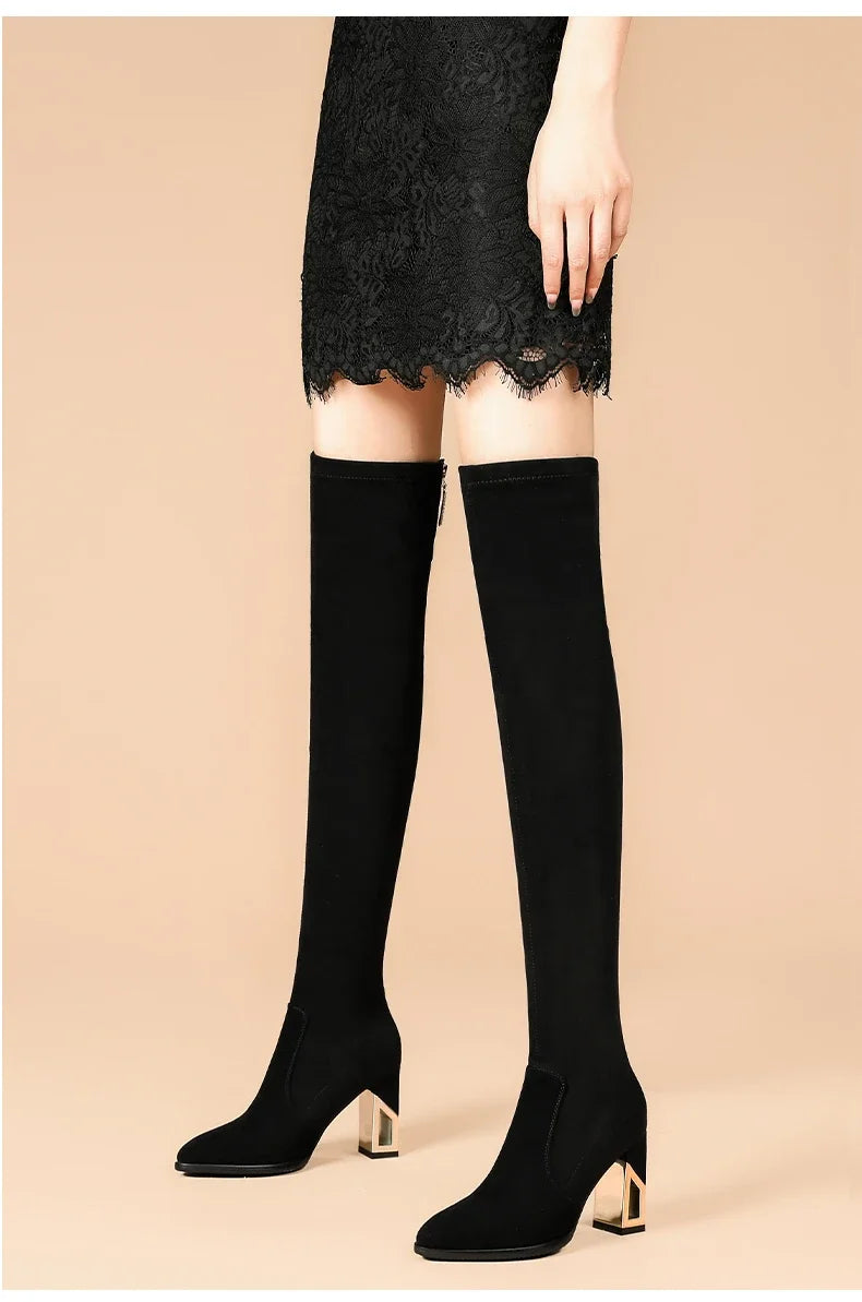 2025 Fashion Shoes for Women Zipper Women's Boots Winter Pointed Toe Suede Solid High Leg Over Knee Chunky Heels Socks Boots