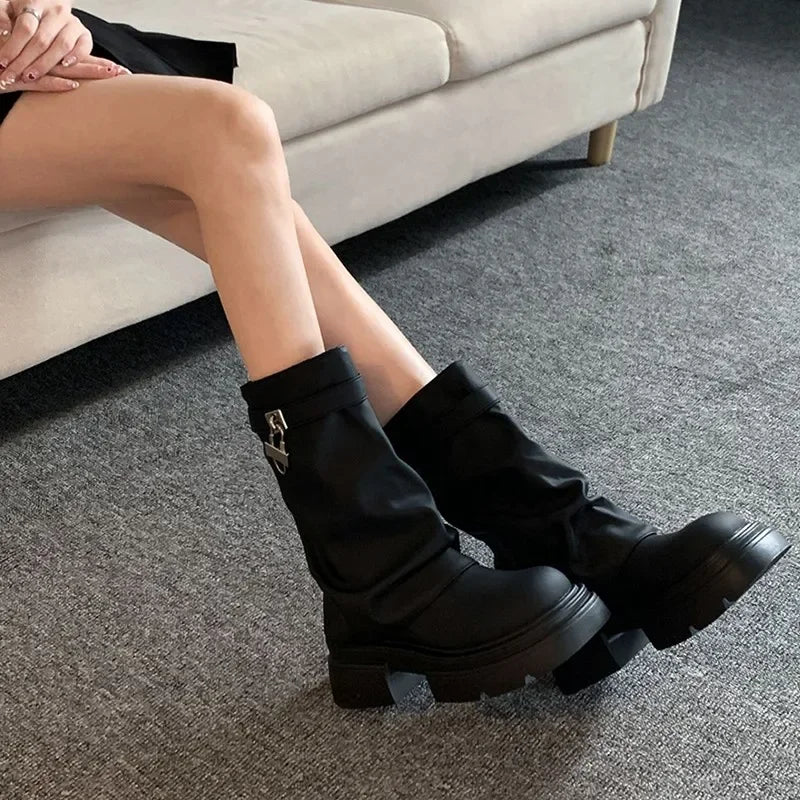 Heel Boots Shoes  Round Toe Luxury Designer Boots-Women Elegant Lolita Autumn Rock Ladies Fashion Ankle 2024 Solid Slip