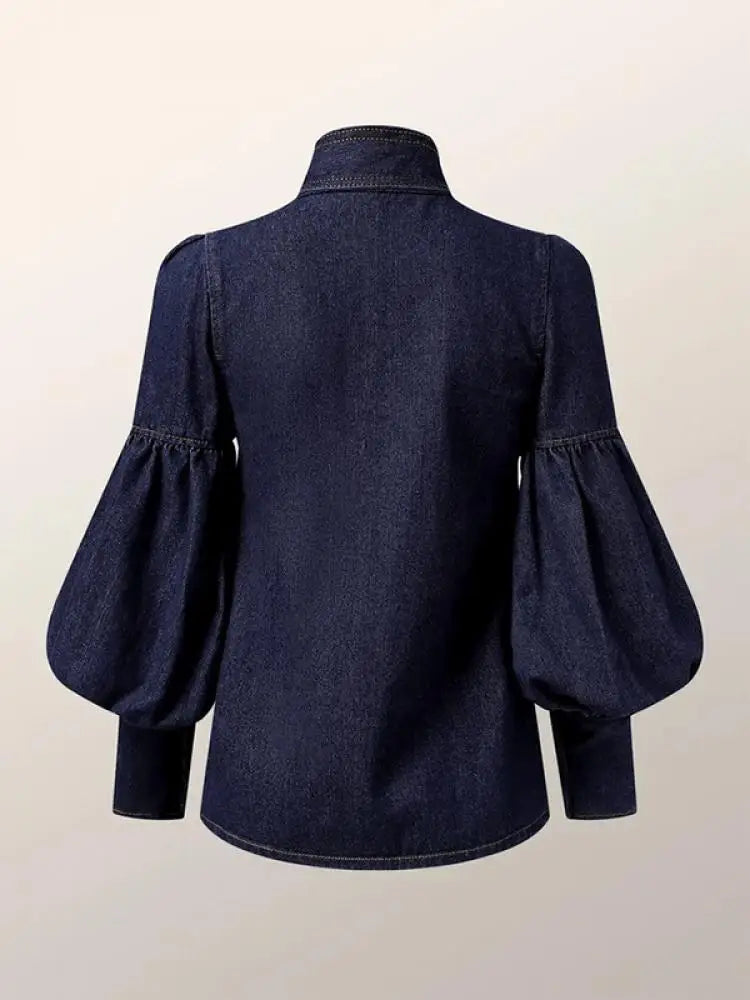 Fashion Womens Denim Blouse Tops Autumn 2024 Spring Blue Long Puff Sleeves Bow-Embellished High Neck Women Shirts Y2k Clothes