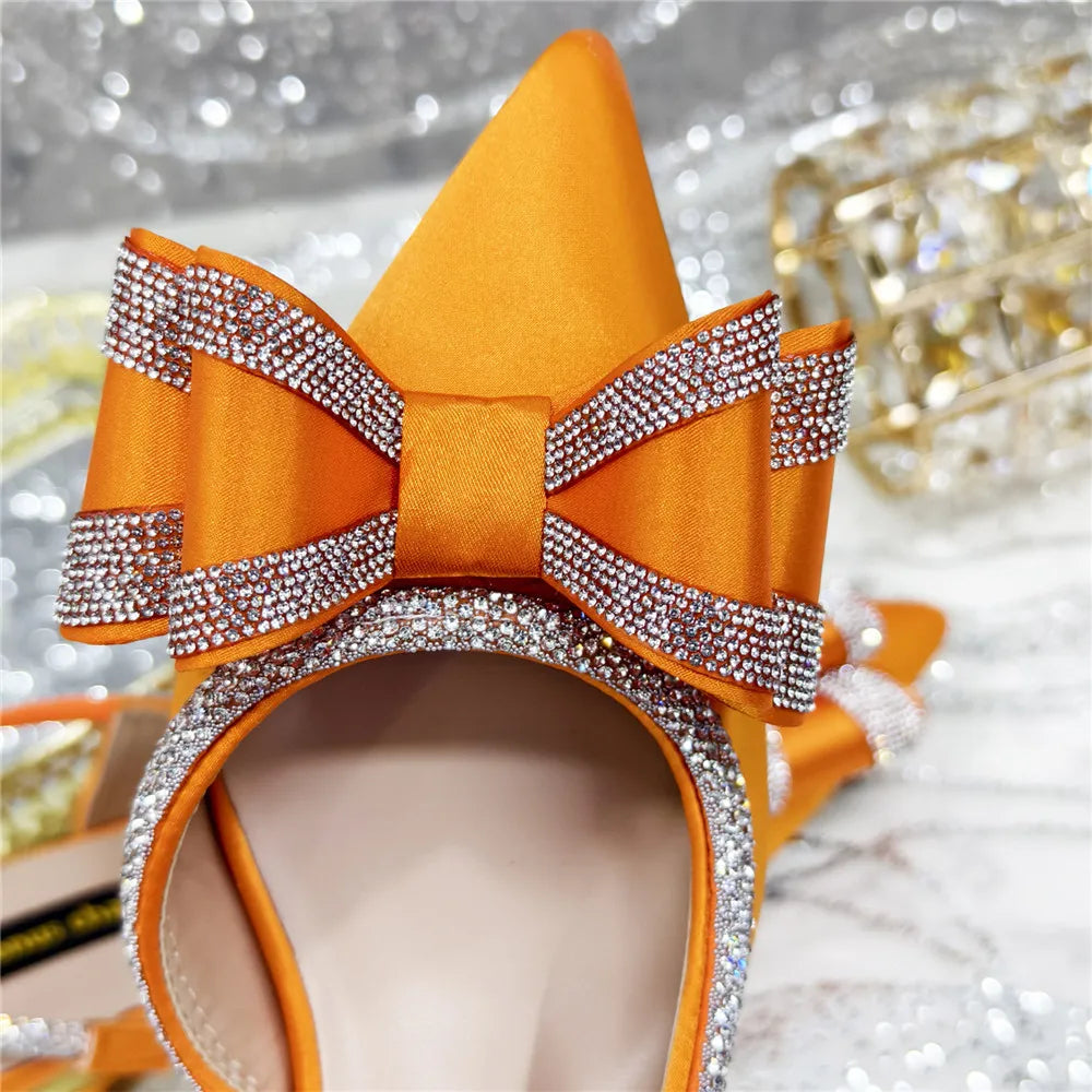 Med Heel Shoes for Women Hollowed Out Embroidery Rhinestone Italian Design Olive-green Color Pointed-Toe Shoes and Bags Set