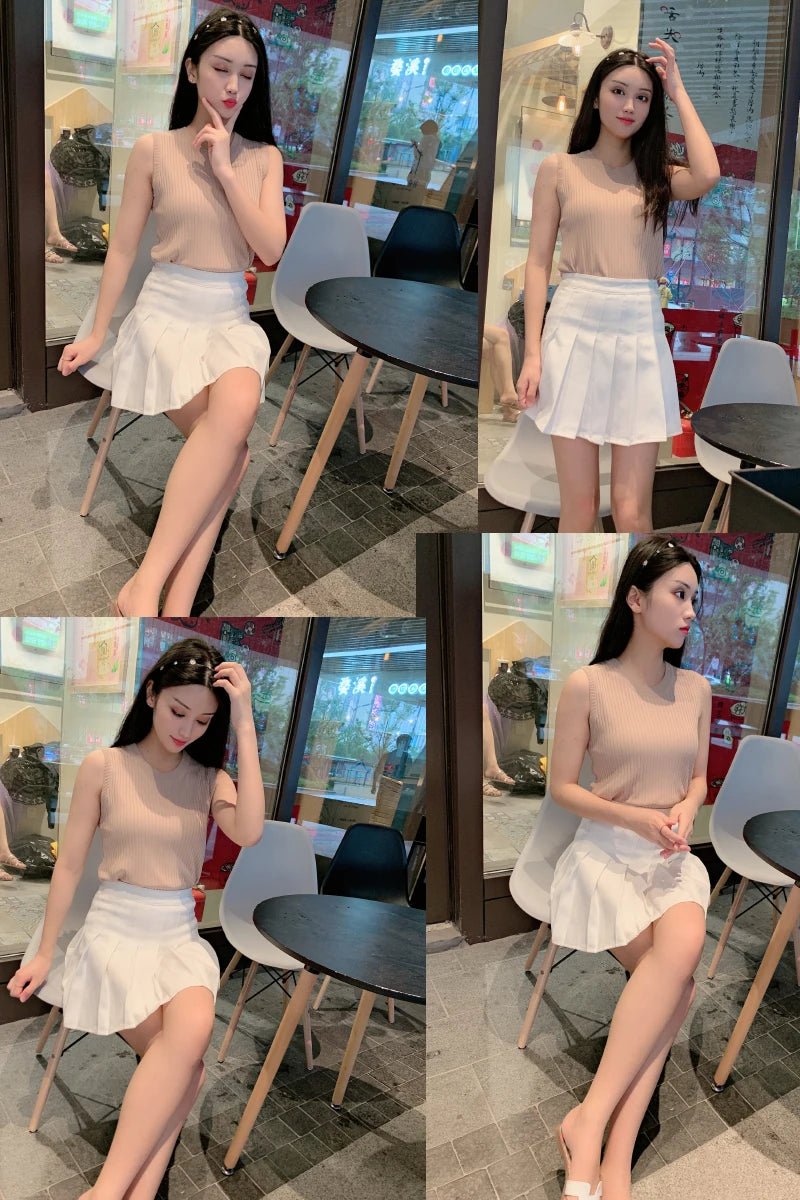 zjais Summer Spring Tanks Top Women Sleeveless Knitted T-Shirts Female Elastic Slim Casual Vests Crop Tops Camis Pullover Shirts