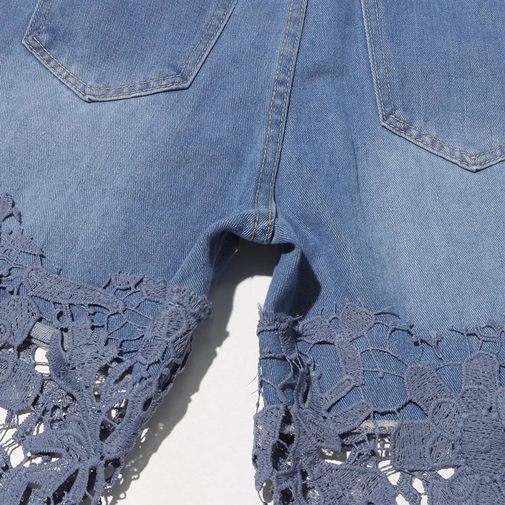 TWOTWINSTYLE Hollow Out Spliced Diamonds Loose Denim Pant For Women High Waist Patchwork Lace Casual Jeans Female Fashion Style