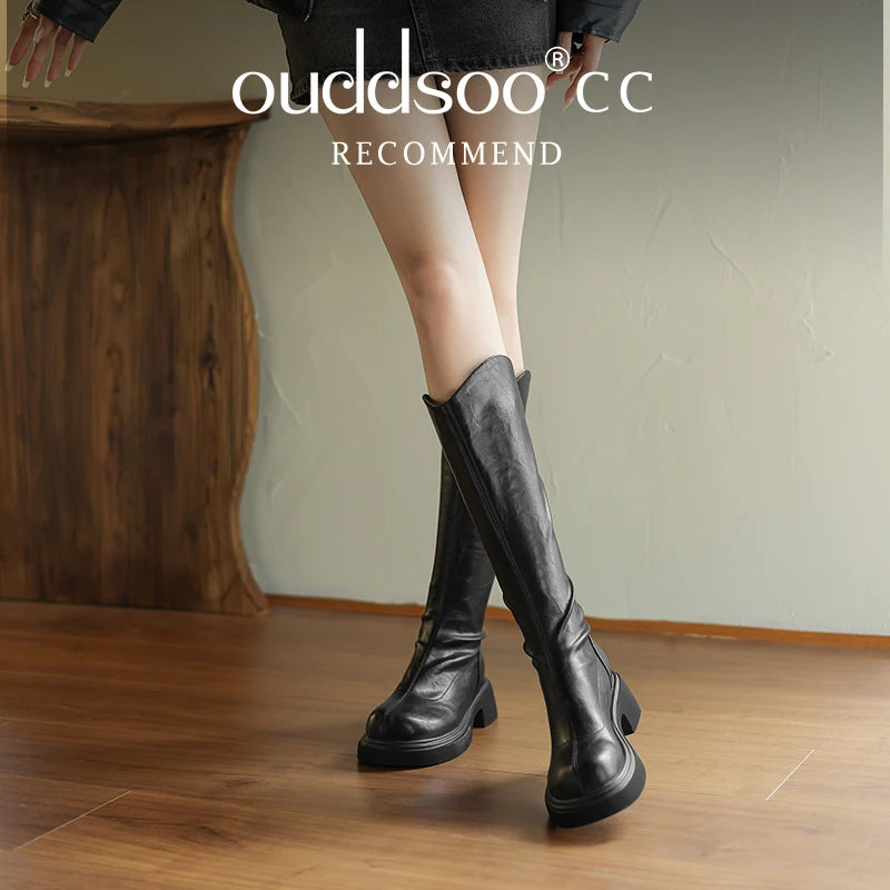 Ods  Footwear Elegant Heeled Shoes for Women Brown Ladies Boots Platform Winter Knee High Shaft Heels Long Boot Lady 40 41 42 43