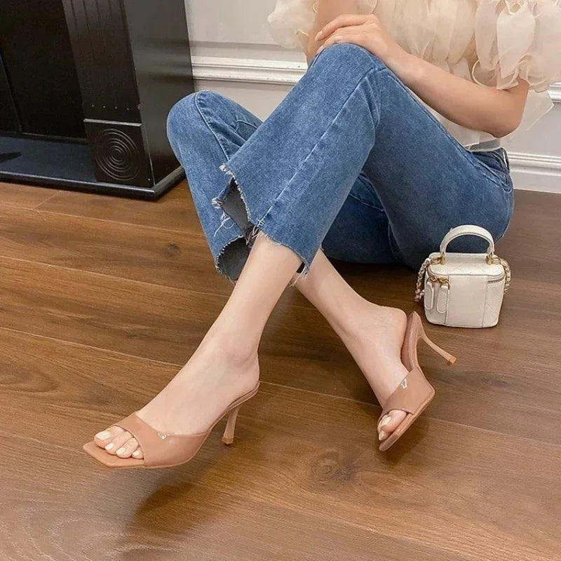 New Summer New Slippers Women  Trend Sexy Large Size Square Toe Thin Heels Shoes Ladies Casual Slippers Heel zapatos 35-42