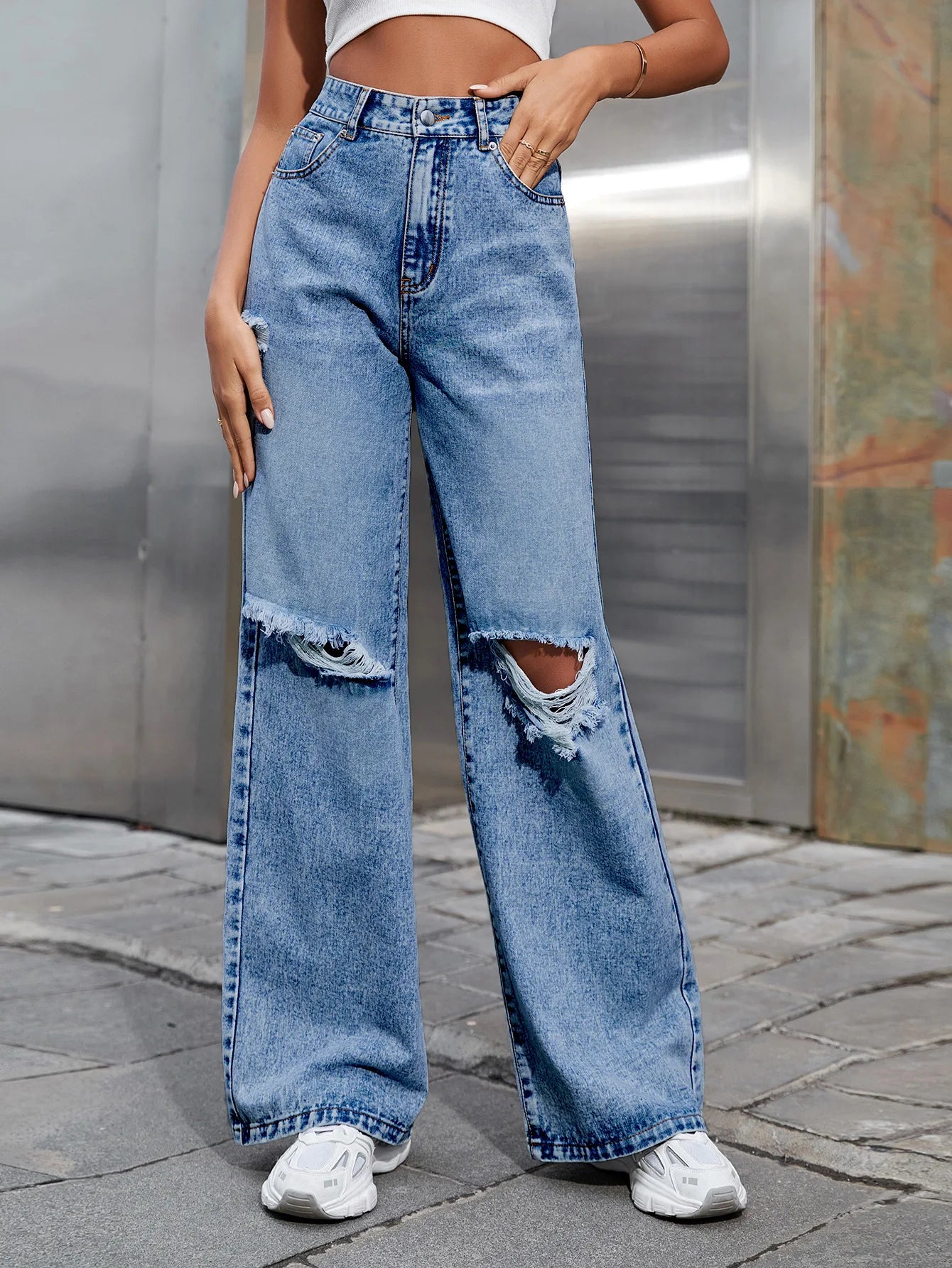 2025 Autumn New Women's Fashion Ripped High Waist Wide Leg Casual Jeans Boyfriend Jeans for Women