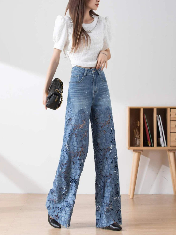 TWOTWINSTYLE Hollow Out Spliced Diamonds Loose Denim Pant For Women High Waist Patchwork Lace Casual Jeans Female Fashion Style