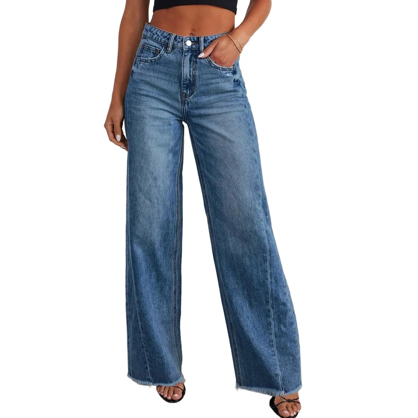 Wide-Leg Jeans Women Light Blue Raw-Edge High-Waist Design Fashionable Trousers Loose-Fitting Slim-Fitting Pants Daily Commuting
