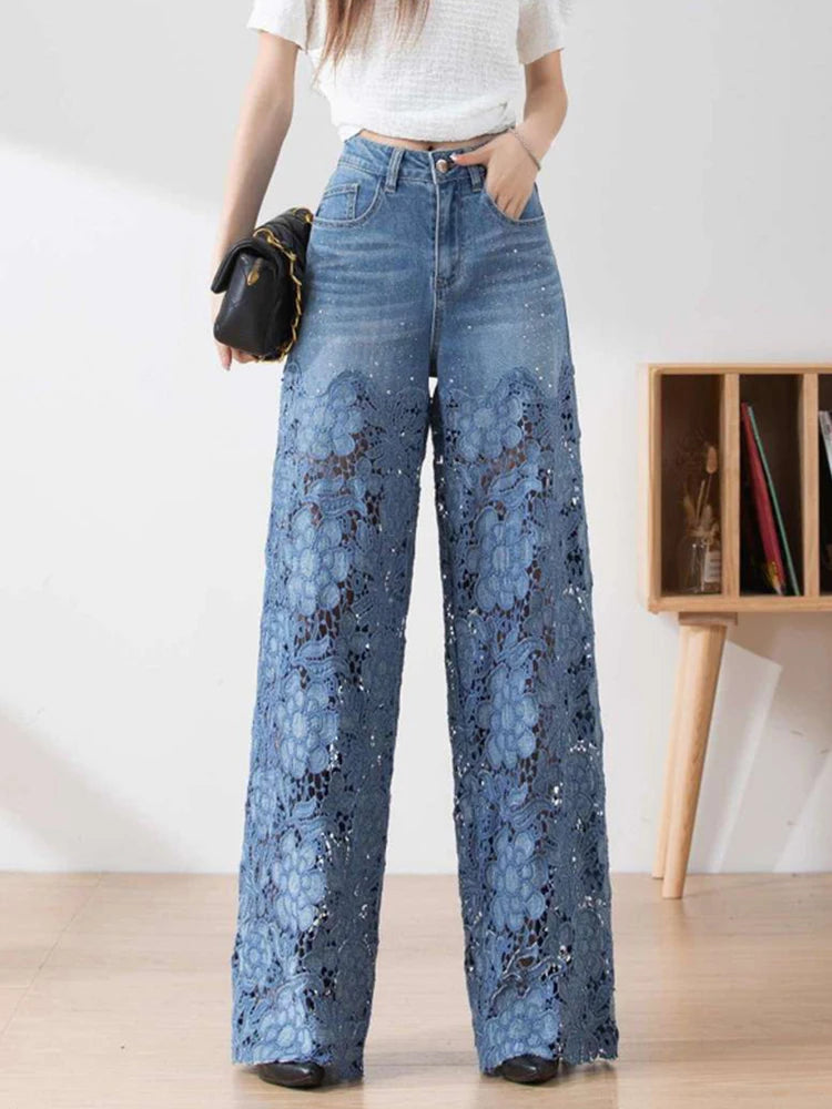 TWOTWINSTYLE Hollow Out Spliced Diamonds Loose Denim Pant For Women High Waist Patchwork Lace Casual Jeans Female Fashion Style