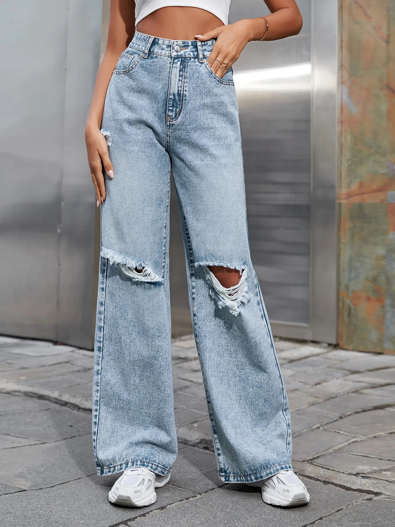 2025 Autumn New Women's Fashion Ripped High Waist Wide Leg Casual Jeans Boyfriend Jeans for Women