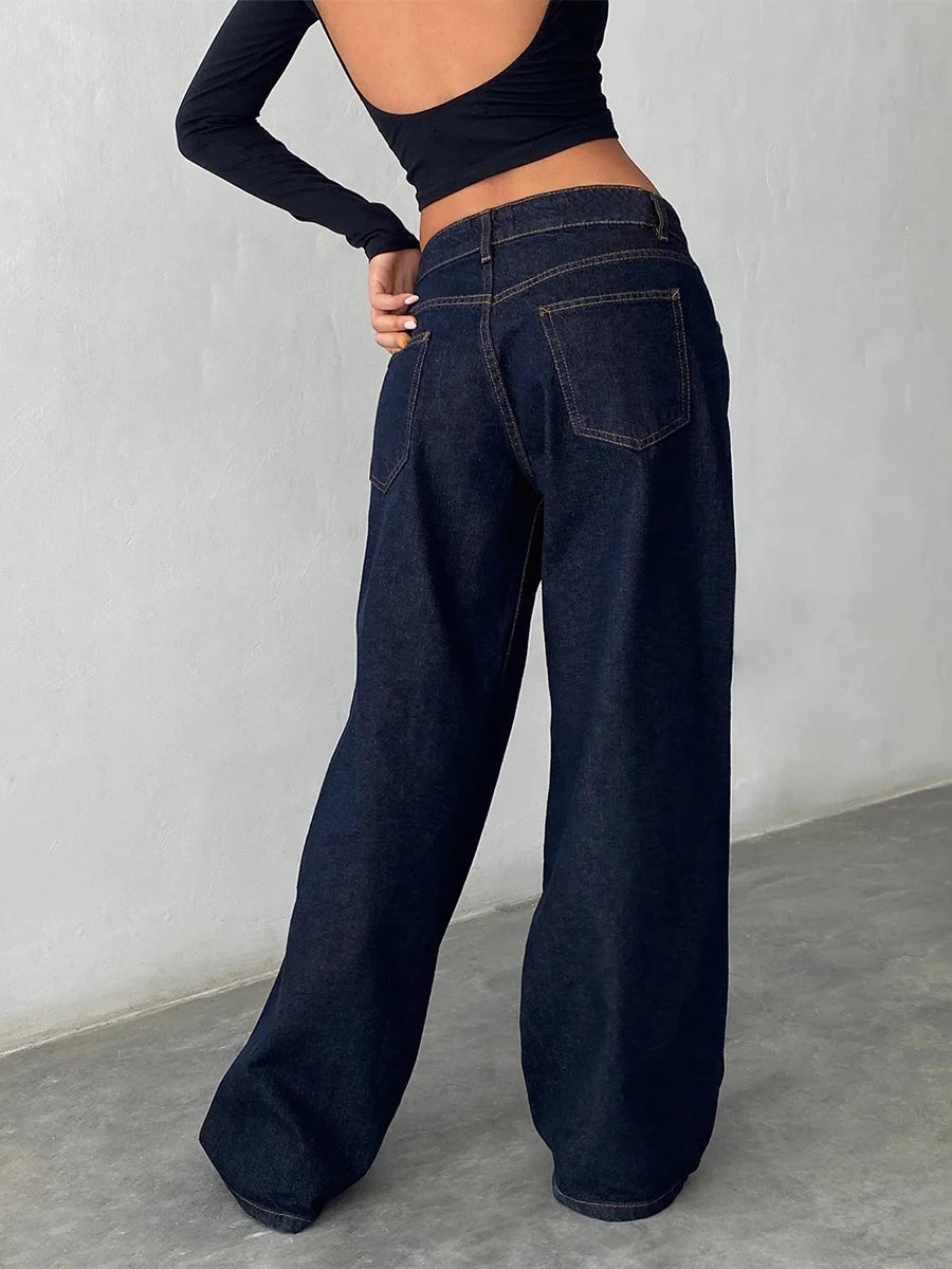Women's versatile jeans, aesthetic solid color low rise zipper button trousers with pockets for everyday street wear