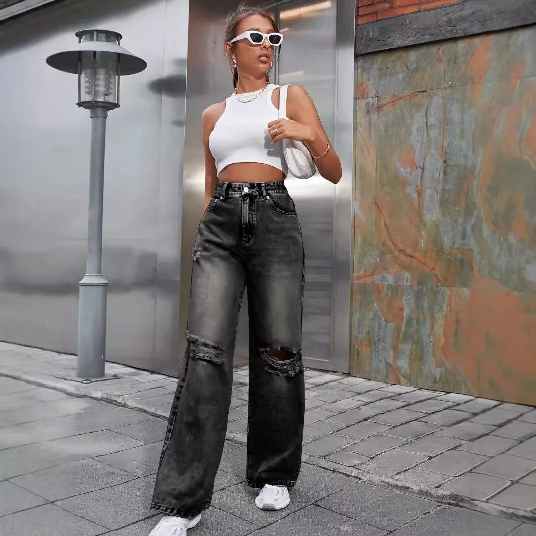 2025 Autumn New Women's Fashion Ripped High Waist Wide Leg Casual Jeans Boyfriend Jeans for Women