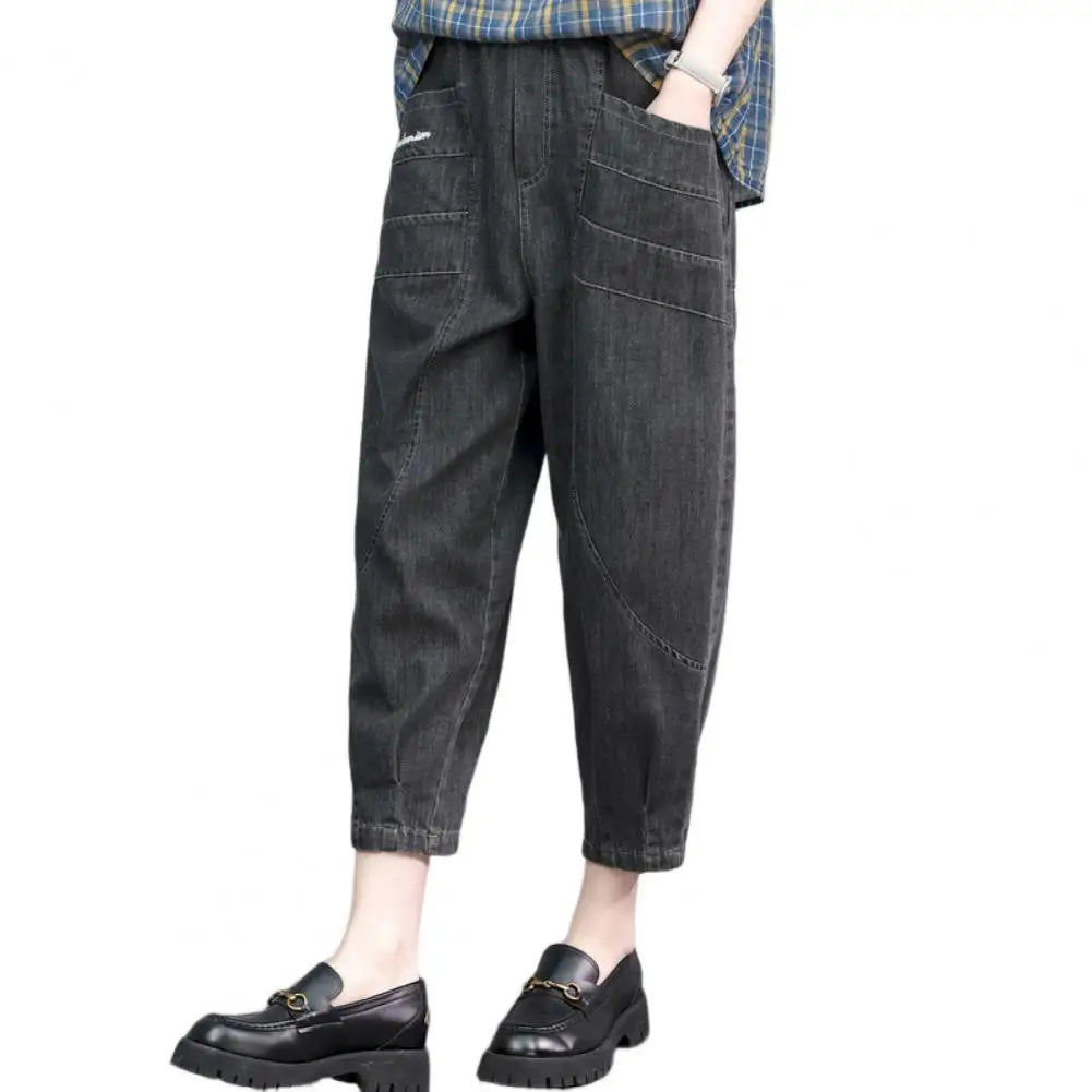 Women Summer Casual Jeans Mid-Rise Pockets Wide Leg Embroidery Letter Print Cropped Pants Woman Mid-calf Sports Harem Jeans