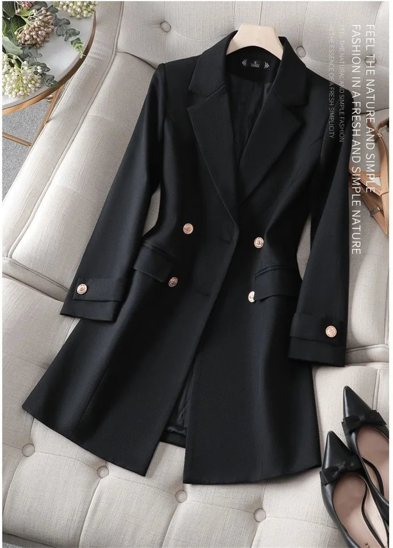 Autumn Winter Jacket Women Long Blazer Khaki Coffee Black Office Ladies Formal Jacket Business Work Wear Coat Female Outerwear