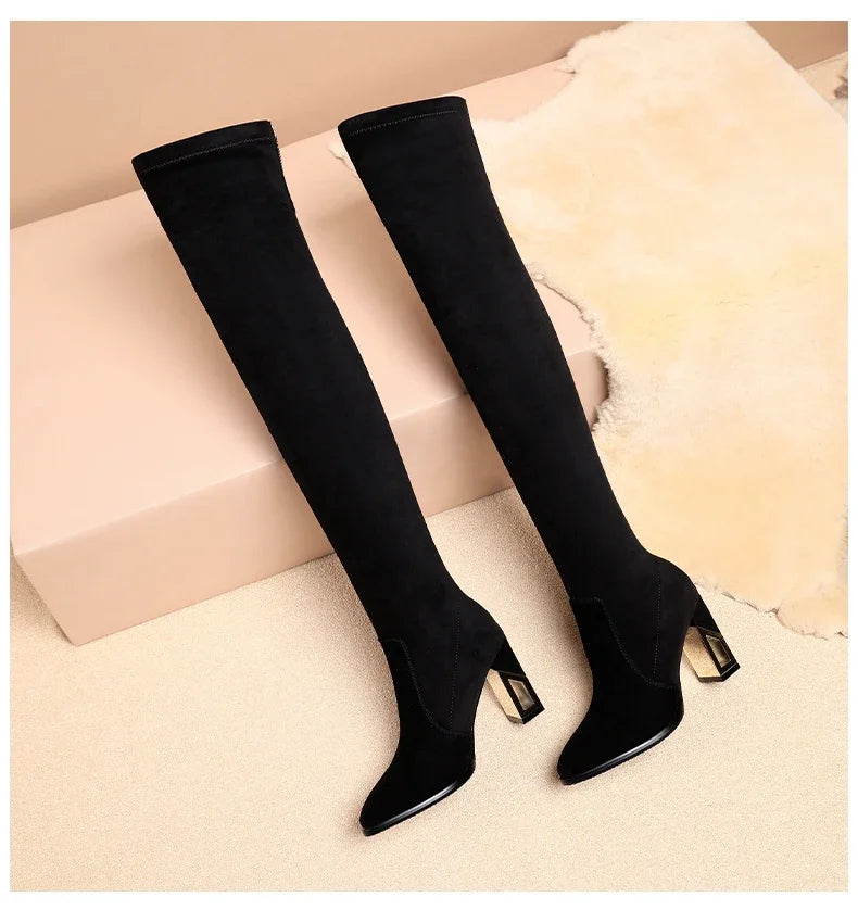 2025 Fashion Shoes for Women Zipper Women's Boots Winter Pointed Toe Suede Solid High Leg Over Knee Chunky Heels Socks Boots