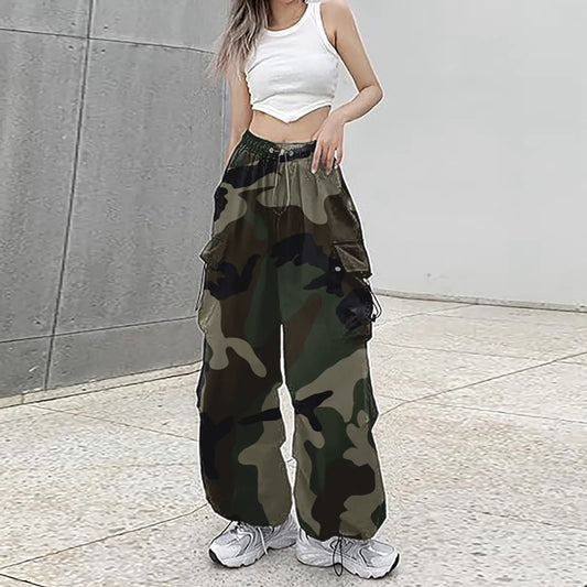 Women Camouflage Sweatpant Streetwear Harajuku Drawstring Elastic Waist Harem Pants Hip Hop Parachute Y2k Baggy Jogger Pants