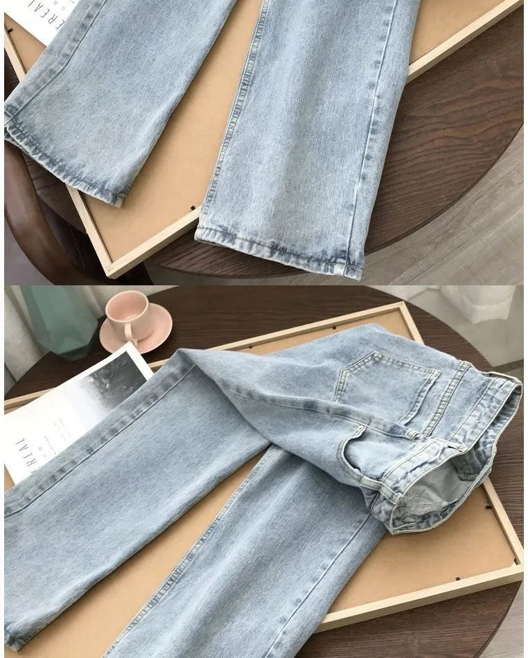 High Waist Women Jeans 2023 Spring Autumn Solid Loose Straight Denim Pants Female Retro Wide Leg Casual Trousers