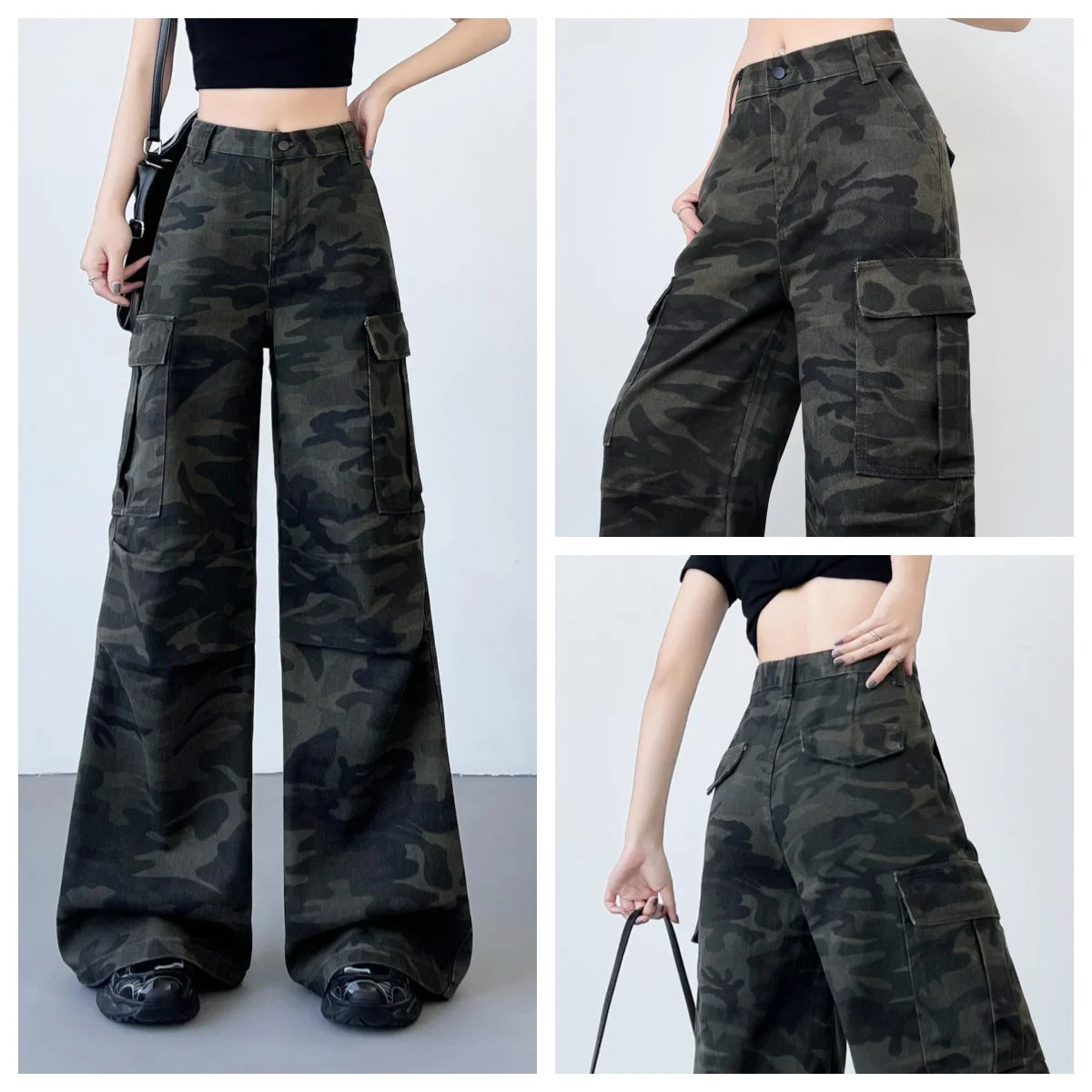 Fashionable Casual Wide-Leg Jeans American Retro Overalls Workwear Style Women's Trousers